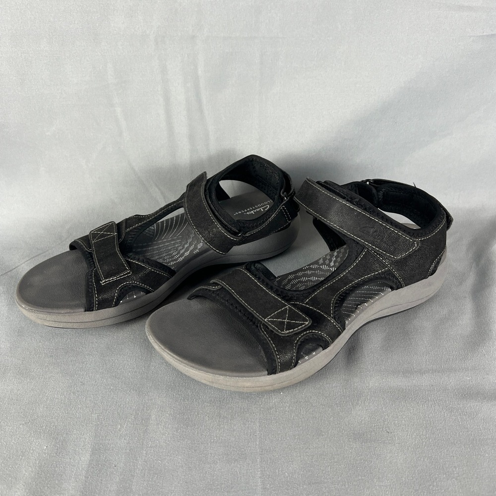 Clarks Mira Bay Flat Sandals Women 9M Black Upper Synthetic Hook & Loop Open Toe